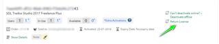 Screenshot of Trados Studio product with 'Return License' button highlighted by a green arrow indicating action to be taken.