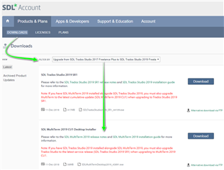 Screenshot of SDL Account Downloads page highlighting the available download links for Trados Studio 2019 SR1 and MultiTerm 2019 SR1 with green arrows pointing to them.