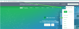 Screenshot of SDL Trados Studio website with an arrow pointing to the 'Sign In' button in the top right corner.