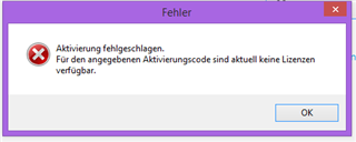 Error message in Trados Studio activation window stating 'Activation failed. No licenses available for the provided activation code.' with an OK button.