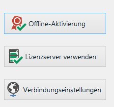 Trados Studio activation options showing three buttons: Offline Activation, Use License Server, and Connection Settings.