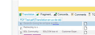 Trados Studio interface with a PDF Test.pdf file open for translation from English to German, with a web browser tab showing 'Search Google or type a URL' in the background.