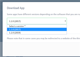 Dropdown menu on Trados Studio Download App page showing different versions of the app to download, with 1.2.0 (2017) selected.