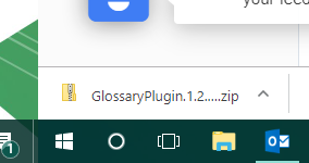 GlossaryPlugin zip file named 'GlossaryPlugin.1.2....zip' visible in the browser's download bar.