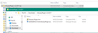 Contents of the unzipped 'GlossaryPlugin.1.2.0.2017' folder, displaying 'Glossary Plugin.sdlplugin' and 'JA-JP' folder.