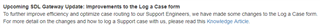 Text snippet from SDL Support page mentioning updates to the Log A Case form and a link to Knowledge Advice.