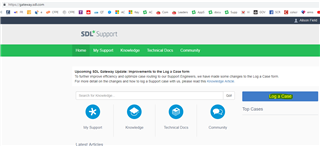 SDL Support webpage with a notification bar on top about updates to the Log A Case form and a 'Log A Case' button highlighted.