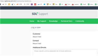 SDL Support 'Log a case' form with fields for Customer, Contact, and Additional Emails pre-filled with 'Alison Field'.