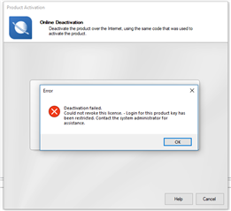 Error message window titled 'Product Activation' with a red cross symbol, stating 'Deactivation failed. Could not revoke this license. - Login for this product key has been restricted. Contact the system administrator for assistance.' with OK, Help, and Cancel buttons.