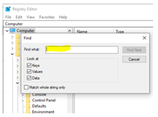 Registry Editor window with the Find dialog open, 'Find what' field is highlighted indicating where to type 'LDSRClient15'.