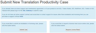 Screenshot of Trados Studio's 'Submit New Translation Productivity Case' page with options to submit a case or request a license reset.
