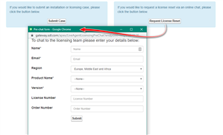 Screenshot of Trados Studio license reset form with fields for Name, Email, Region, Product Name, Version, License Number, and Order Number. A red arrow points to the 'Submit Case' button.