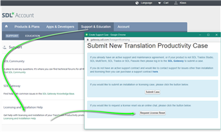 SDL Account webpage with navigation tabs for Products, Plans, Apps & Developers, Support & Education, and Account. Highlighted section for Support - Licensing and Installation Help with a link to Request License Reset.