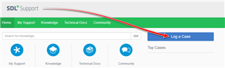 SDL Support webpage with a red arrow pointing to the 'Log a Case' button in the navigation bar.