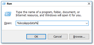 Windows Run dialog box with '%localappdata%' typed into the 'Open' field and options to click OK, Cancel, or Browse.