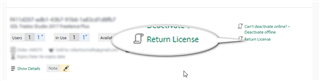 Trados Studio license management interface showing a 'Return License' button highlighted with an arrow and a tooltip.