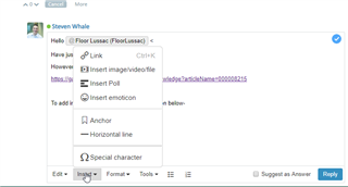 Screenshot of Trados Studio message window with a message to Floor Lussac, including a link to a solution and instructions to add images by clicking the 'Insert' button.