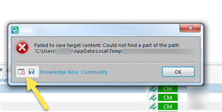 Error dialog box in Trados Studio with message 'Failed to save target content: Could not find a part of the path C:UsersAppDataLocalTemp'. Buttons for Knowledge Base and Community are visible, and an arrow points to the OK button.