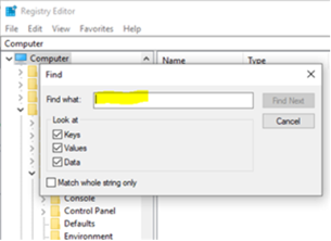 Registry Editor search box with 'Find what' field highlighted, ready for input.