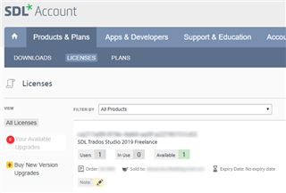 SDL Account page showing Trados Studio 2019 Freelance with 1 user license available, no visible errors or warnings.