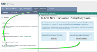 SDL Account webpage with an open 'Submit New Translation Productivity Case' form, indicating steps to request a license reset.