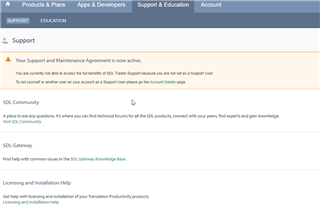 Trados Studio support page displaying a message that the Support and Maintenance Agreement is now active, with a note that the user currently has no access to the full benefits of SDL Trados support.