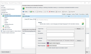 Trados Studio error message box with red cross icon indicating 'Specify name, location, source language and target language for this Translation memory'.
