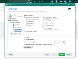 Trados Studio settings window with Batch Processing and Export to Excel options highlighted.