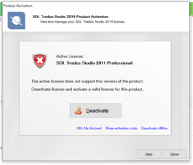 Trados Studio 2014 Product Activation window showing an error message stating 'Active License: SDL Trados Studio 2011 Professional' and 'The active license does not support this version of the product. Deactivate license and activate a valid license for this product.' with a 'Deactivate' button.