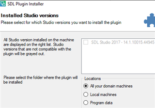 SDL Plugin Installer window showing an error where the installed Studio version 'SDL Studio 2017 - 14.1.10015.44945' is grayed out, indicating incompatibility, despite the app claiming compatibility with Studio 2017.