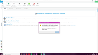 Screenshot of Trados Studio Freelance 2017 with an error message dialog box stating 'An error has occurred in the script on this page.' Options given are 'Yes' and 'No'.