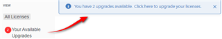 Trados Studio account page showing a notification that there are 2 upgrades available with a red arrow pointing to the 'Your Available Upgrades' section.