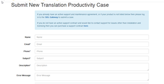 Screenshot of Trados Studio's 'Submit New Translation Productivity Case' form with empty fields for Name, Email, Phone, Subject, Description, and an Error Message box at the bottom.