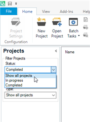 Trados Studio screenshot showing the Projects tab with the Filter Projects dropdown menu open and 'Show all projects' selected.