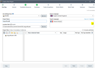 Trados Studio 'Create a New Project' window with 'Target Language' dropdown menu open showing English (United Kingdom) selected.