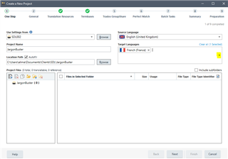 Trados Studio project creation screen with 'Target Language' dropdown menu open and French (France) selected.