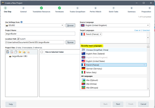 Trados Studio interface showing 'Target Language' dropdown with a list of recently used languages, including English and French variants.