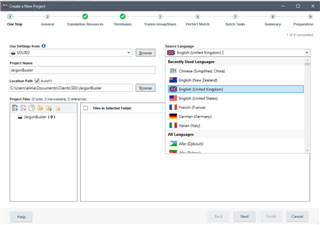 Screenshot of Trados Studio with 'Recently Used Languages' list visible, highlighting English (United Kingdom) in the 'Target Language' dropdown.