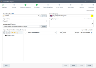 Trados Studio 'Create a New Project' window with 'Project Name' field filled as 'Sample Run' and 'Source Language' dropdown menu open showing English (United Kingdom) selected.