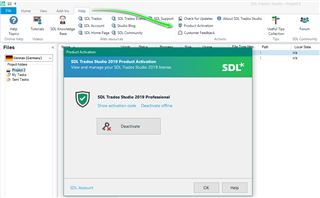 Trados Studio interface showing the Help menu expanded with Product Activation highlighted, and the Product Activation window open with an option to Deactivate.
