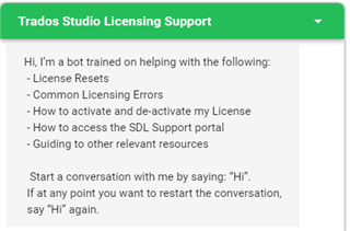 Trados Studio Licensing Support bot interface with a greeting message and a list of help topics including license resets and common licensing errors.