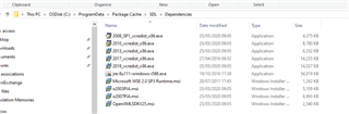 Folder view of C:ProgramDataPackage CacheSDLDependencies with a list of application files including 'vcredist_x64', 'vcredist_x86', and 'dotNetFx40_Full_x86_x64'.