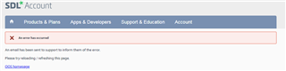 Error message on SDL Account page stating 'An error has occurred' and suggesting to try reloading or refreshing the page.