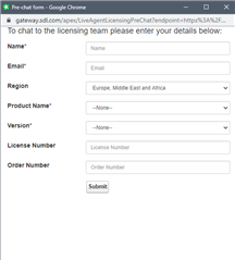 Pre-chat form for SDL Licensing Support with empty fields for Name, Email, Region, Product Name, Version, License Number, and Order Number.