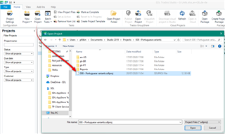 Trados Studio interface showing the 'Open Project' dialog box with a list of files, including the highlighted '*.sdlproj' file.