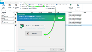 Trados Studio software showing the 'Help' menu expanded with 'Product Activation' highlighted and an arrow pointing to the 'Deactivate' button in the 'SDL Trados Studio 2019 Professional' activation window.