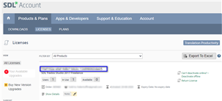 SDL Account webpage displaying the 'Licenses' tab with a highlighted license code for 'SDL Trados Studio 2019 Professional'.