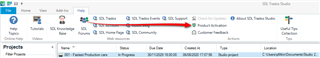 Trados Studio interface showing the Help menu expanded with an arrow pointing to Product Activation option.