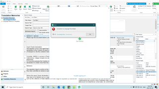 Screenshot of SDL Trados Studio 2019 showing an error message 'Connection to Language Cloud failed' with a loading circle indicating a processing delay.