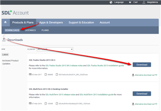 SDL Account webpage showing the Downloads tab with available Trados Studio 2019 SR2 and installation guide download links.